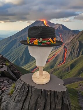 MONTIQUE MENS BLACK BRAIDED STRAW FEDORA HAT WITH KENTE PRINT BAND. H107